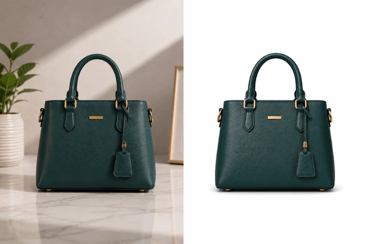 Before and after background removal example showing a handbag with a clean white background