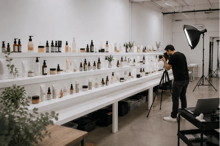 A photographer shooting a large collection of skincare and beauty products arranged on white shelves in a bright studio demonstrating bulk product photography