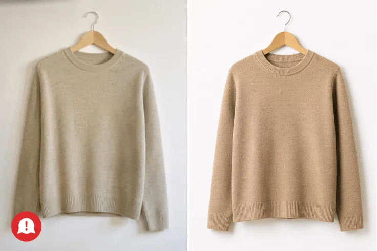 Side by side comparison of the same sweater showing poor quality washed out product photography versus accurate professional product photography
