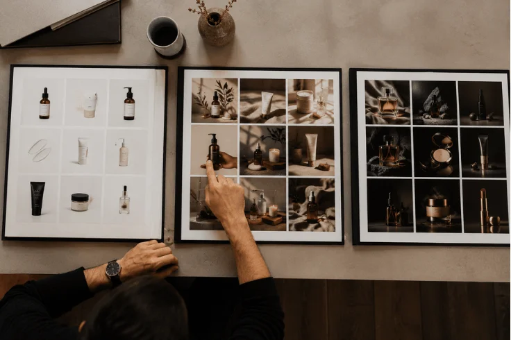 A person reviewing and comparing three different product photography portfolios laid out on a desk showing various photography styles