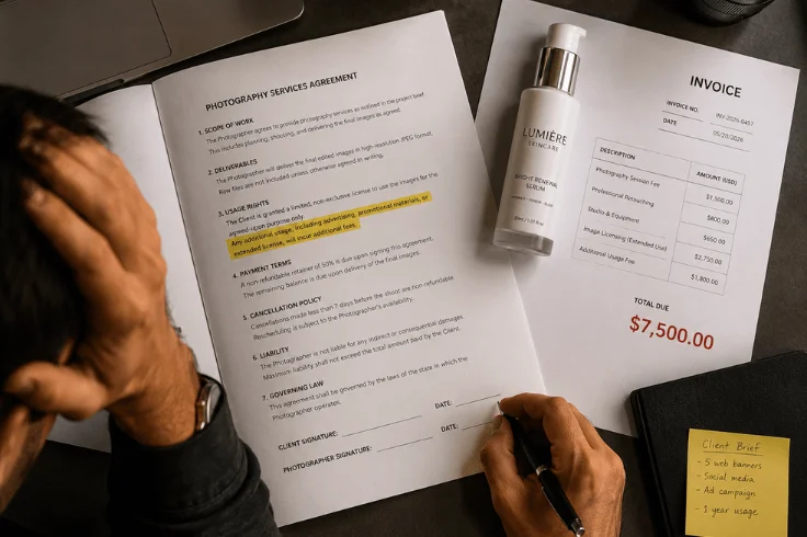 A stressed person reviewing a photography licensing contract with a highlighted clause beside a skincare product and an unexpected $7,500 invoice