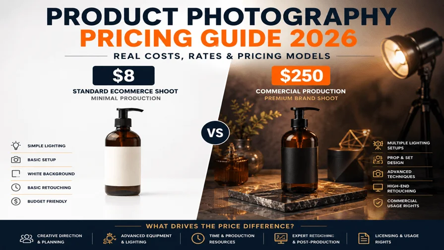 Product photography pricing guide 2026 showing $8 ecommerce shoot vs $250 commercial shoot comparison