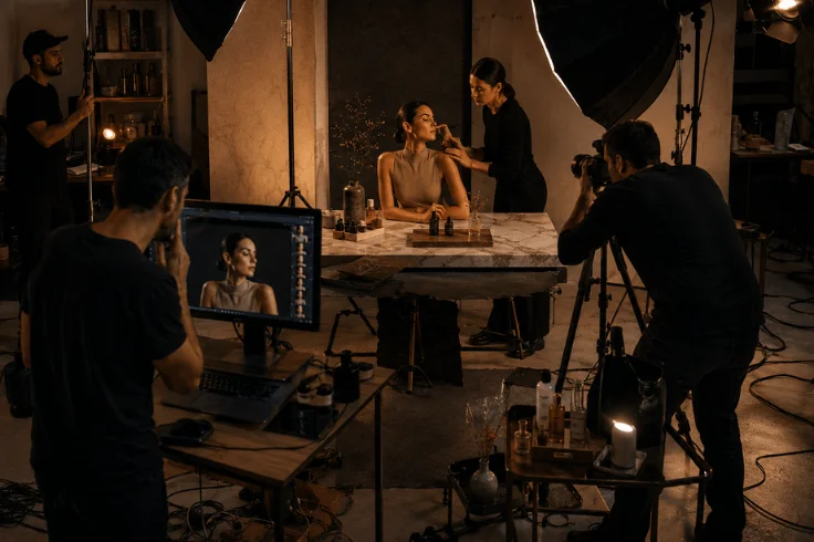 A full product photography production team including photographer, model, makeup artist, and creative director working together in a professional studio