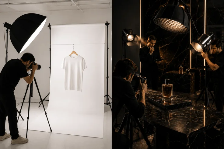 Side by side comparison of a simple white background product photography studio and a luxury commercial photography production setup