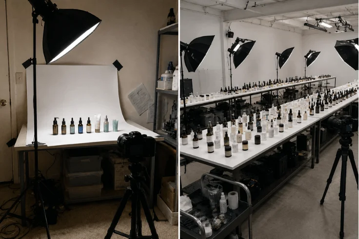 Side by side comparison of a small batch product photography setup with few products versus a large organized bulk photography studio with hundreds of products