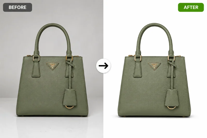 Before and after product photo editing — green handbag on pure white background
