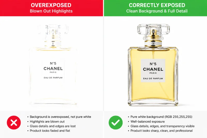Comparison of overexposed and correctly exposed product photo on white background