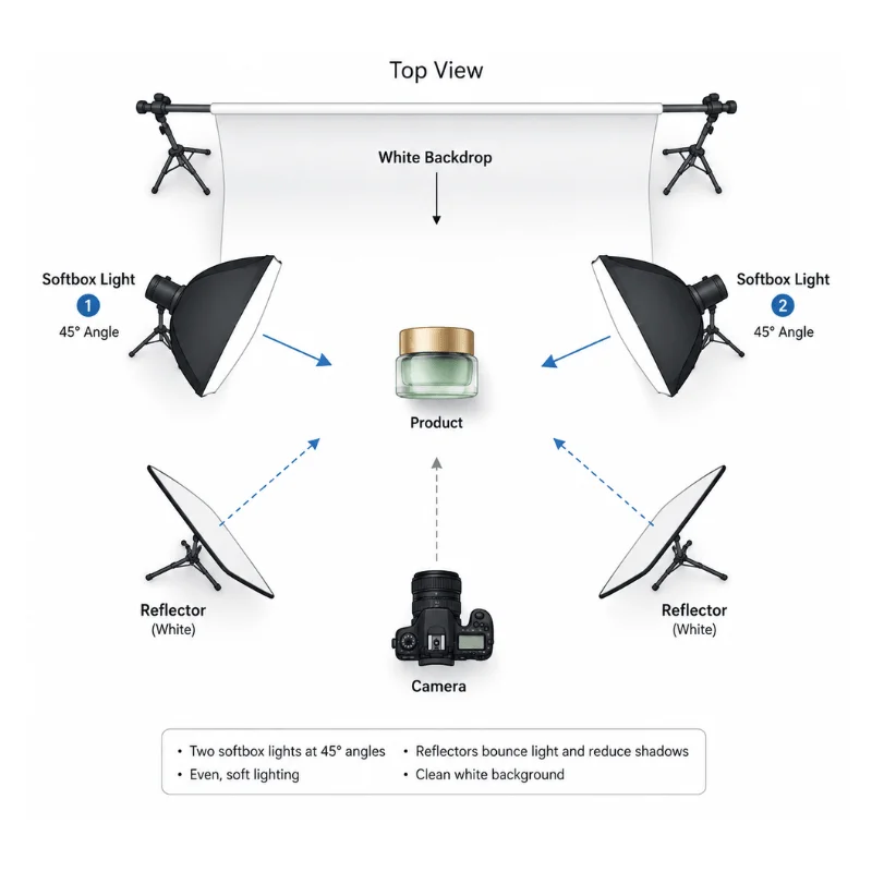 Top view diagram of two softbox light setup for white background ecommerce photography