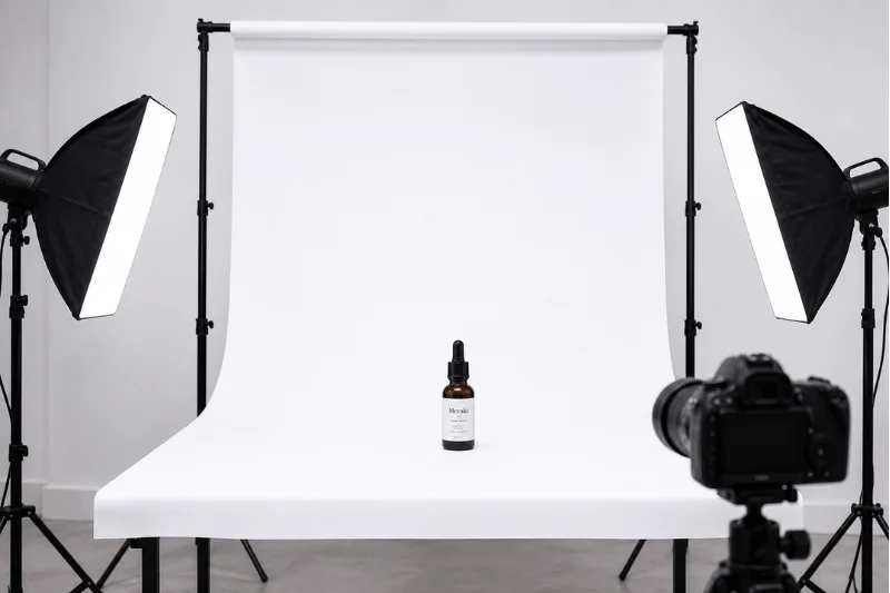 Professional studio setup for white background product photography with softbox lights and camera