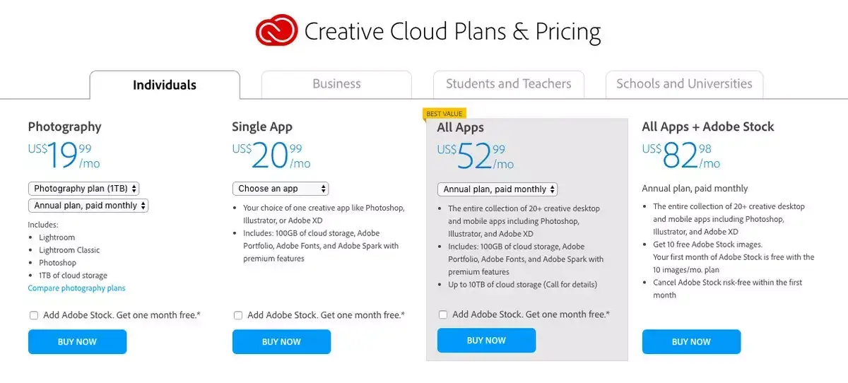 adobe creative cloud pricing