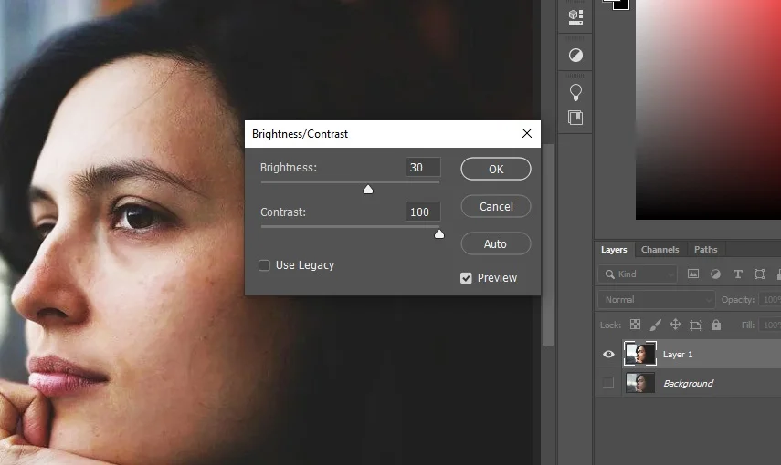 brightness and contrast settings for headshot retouching