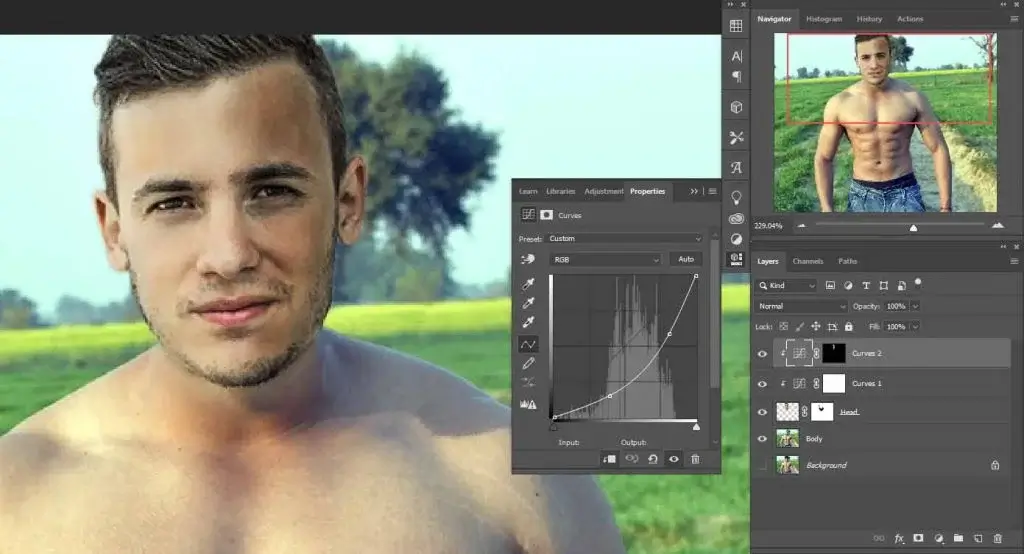 curves adjustment to body swap in photoshop