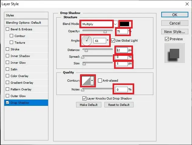 drop shadow setting