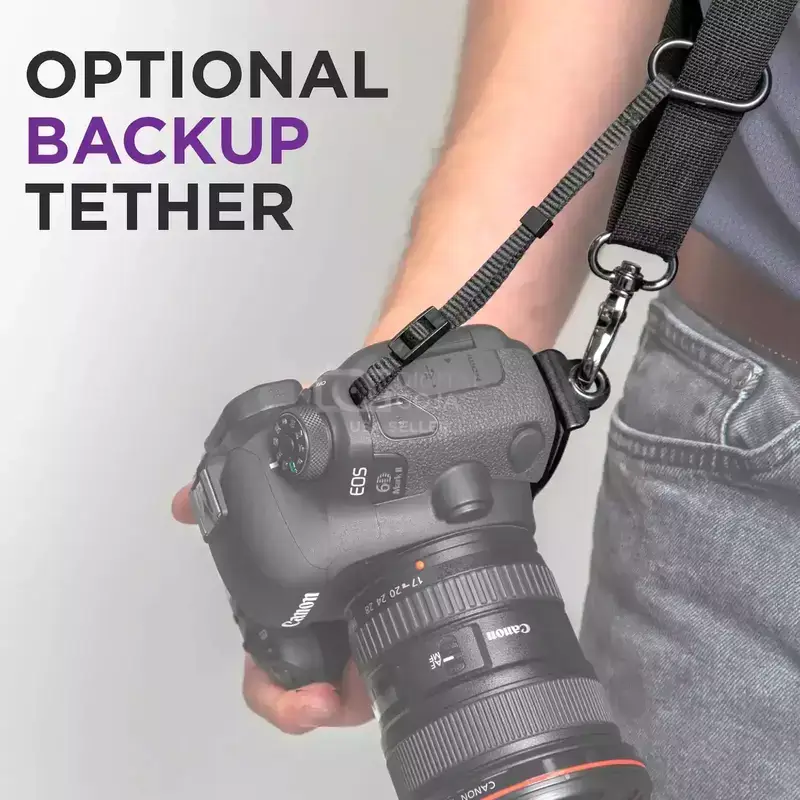 optional backup tether for camera, camera slinger