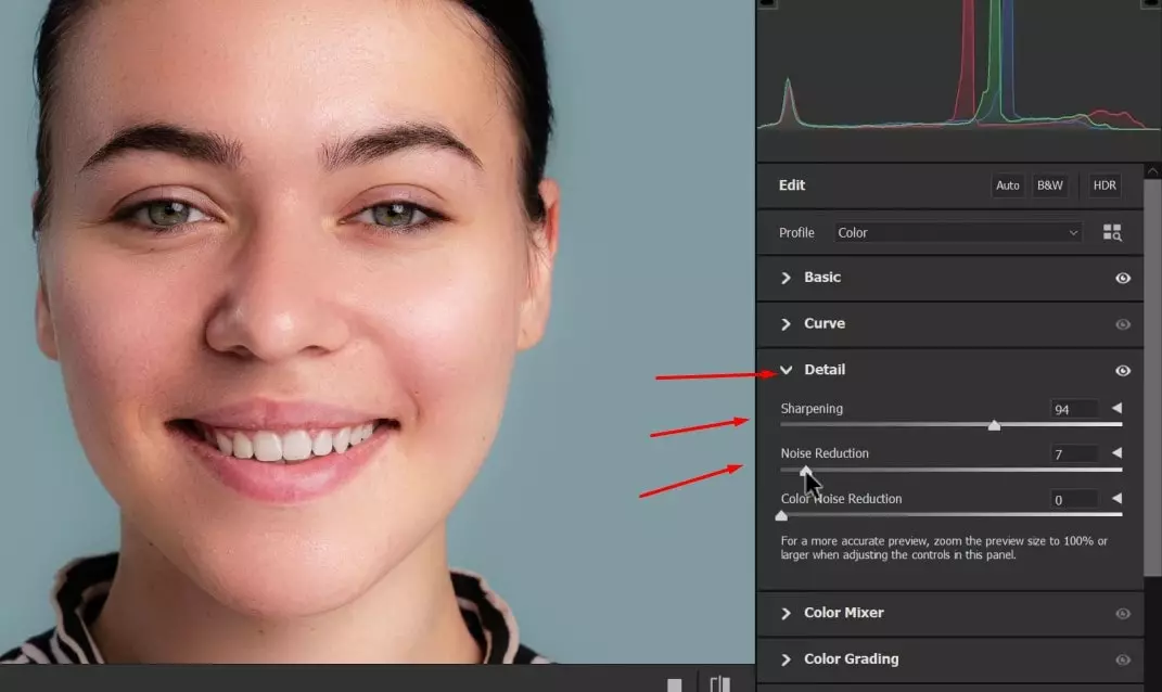  Changes in Detail Panel and Adjust the Value of Sharpening Noise