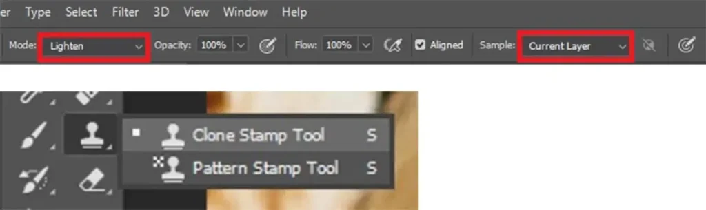 clone stamp tool settings for removing dark circles in photoshop