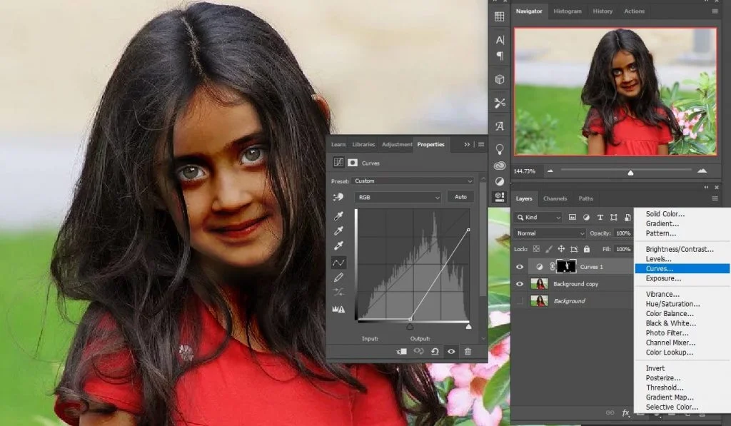 curves adjustment layer in photoshop of a girl image