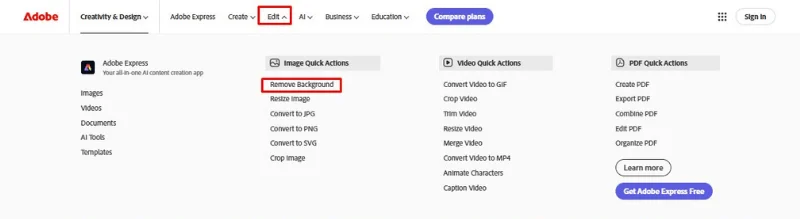 adobe express remove background menu option