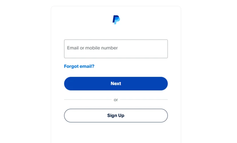 PayPal login page