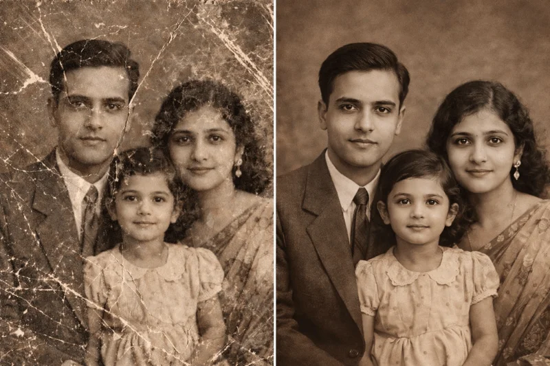 before and after photo restoration showing damaged old photo restored with natural details