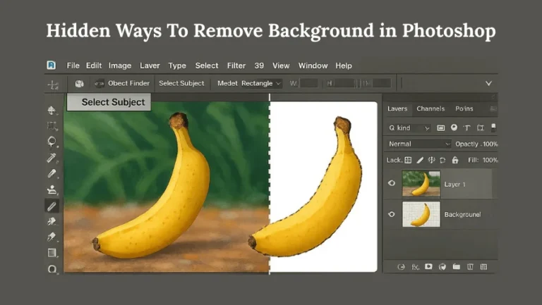 Feature image showing hidden way to remove background in Photoshop with banana isolated on transparent background.