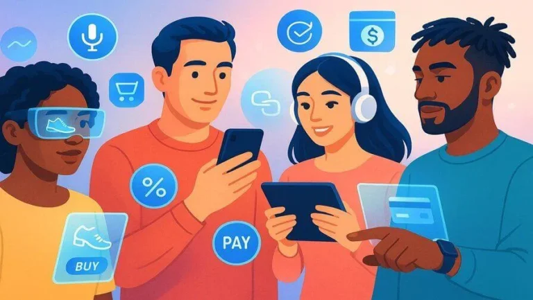 Futuristic online shopping concept with AR, AI, and mobile devices in 2025