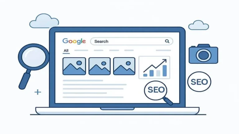 Google search results with images, charts, and SEO icons on a laptop.