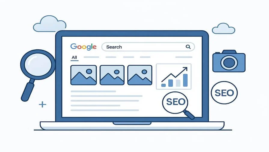 Google search results with images, charts, and SEO icons on a laptop.