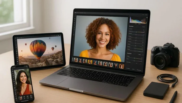 Feature image showing professional photo retouching with before-and-after photos and editing tools on laptop