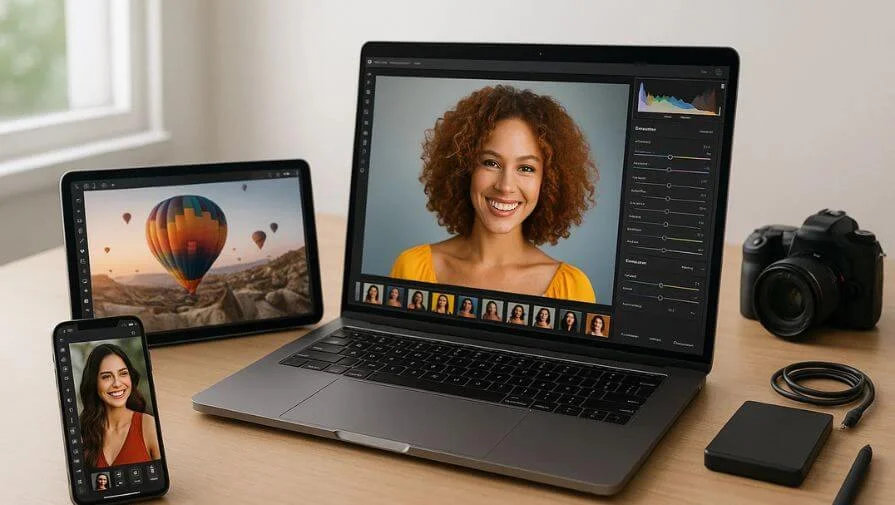 Feature image showing professional photo retouching with before-and-after photos and editing tools on laptop