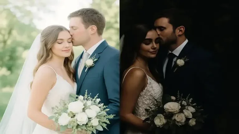 Bride and groom in split-style wedding photo showing light and airy vs dark and moody editing