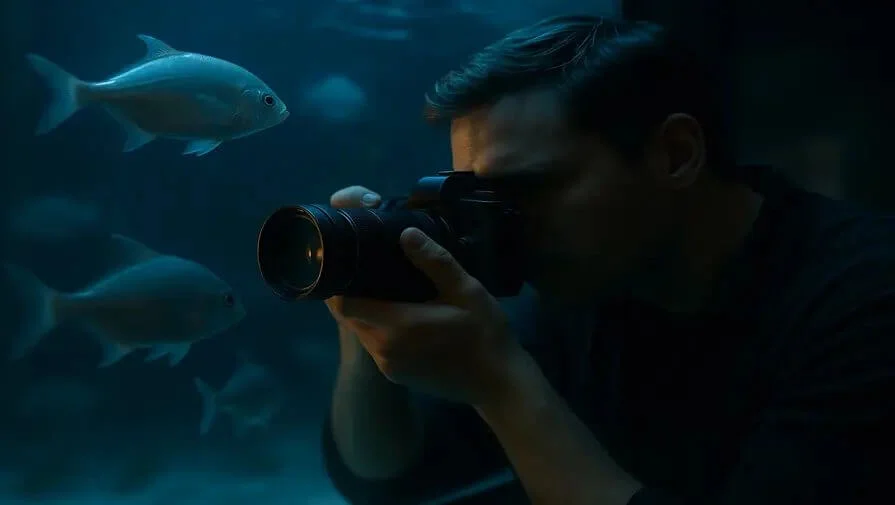 Photographer capturing fish through aquarium glass with no reflections