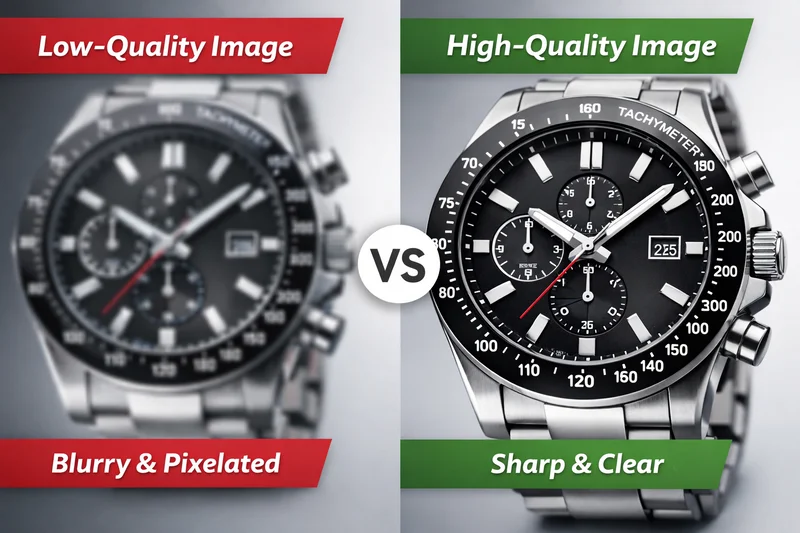 Low versus high quality ecommerce product image showing blurry and sharp details