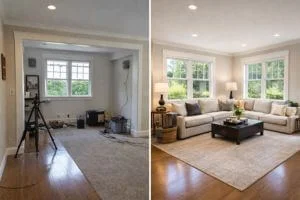 Before and after real estate interior photo retouching and enhancement with improved brightness and color correction