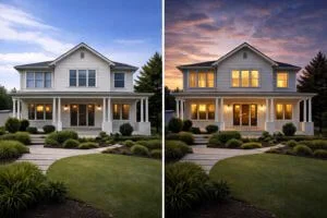 Before and after real estate twilight editing showing daytime house transformed into dramatic sunset scene
