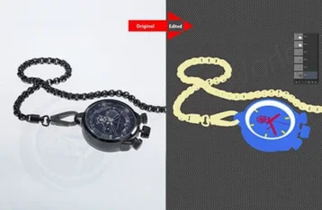 Accessories multi clipping path example showing separate editing of watch and chain for precise color correction