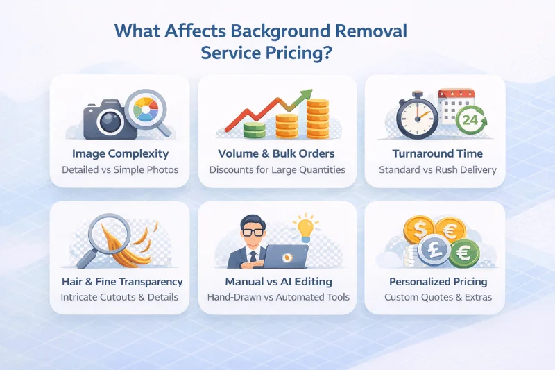 factors affecting background removal service pricing complexity volume turnaround hair manual editing