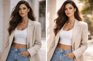 fashion photo editing before after model retouch lighting and color enhancement example
