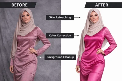 fashion photo editing process before after showing skin retouching color correction and background cleanup
