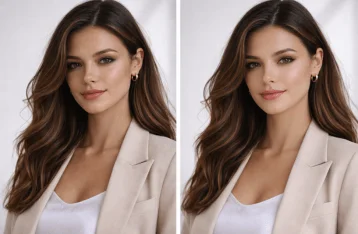 model photo retouching before after natural skin retouch and makeup enhancement
