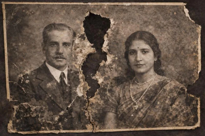 Severely torn and water damaged old family photo before repair
