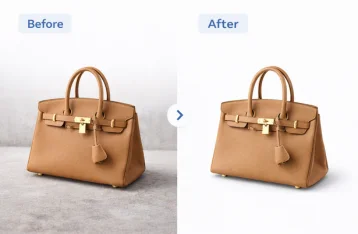 Before and after bag photo editing showing background removal and color enhancement for ecommerce product