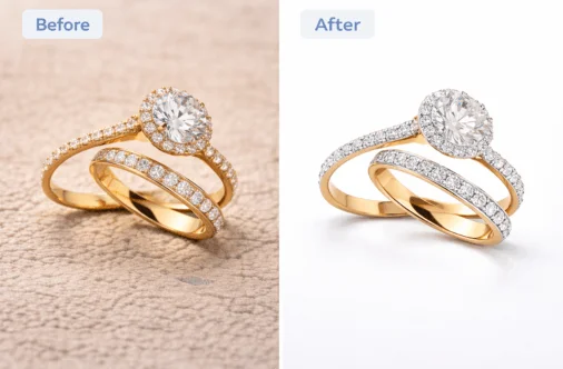 Before and after jewelry photo editing showing ring retouching