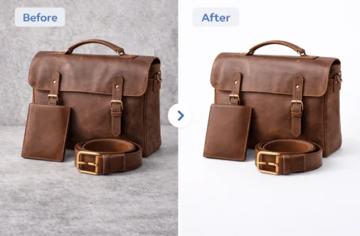 Before and after leather goods photo editing with color correction