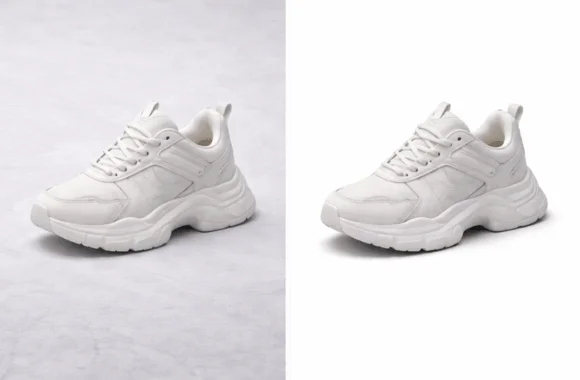 Before and after shoe photo editing with realistic drop shadow
