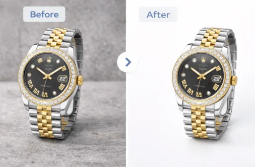 Before and after watch photo retouching with clean background