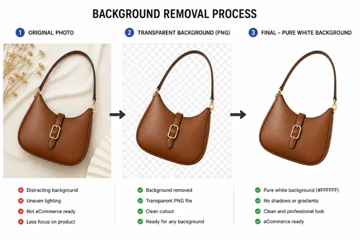 Three stage process showing product photo with original background, transparent PNG and final white background