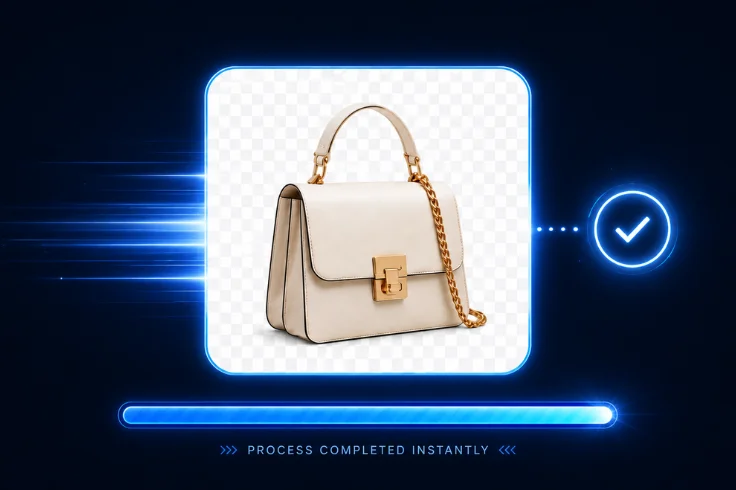 AI background removal tool processing a handbag product image automatically