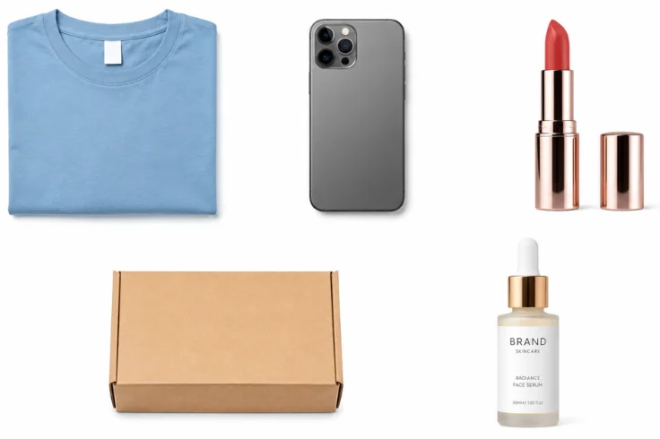 AI background removal results on simple products including clothing, electronics, and cosmetics