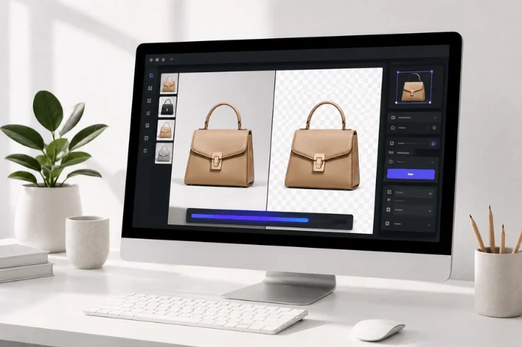 AI background removal software on iMac showing leather handbag before and after editing